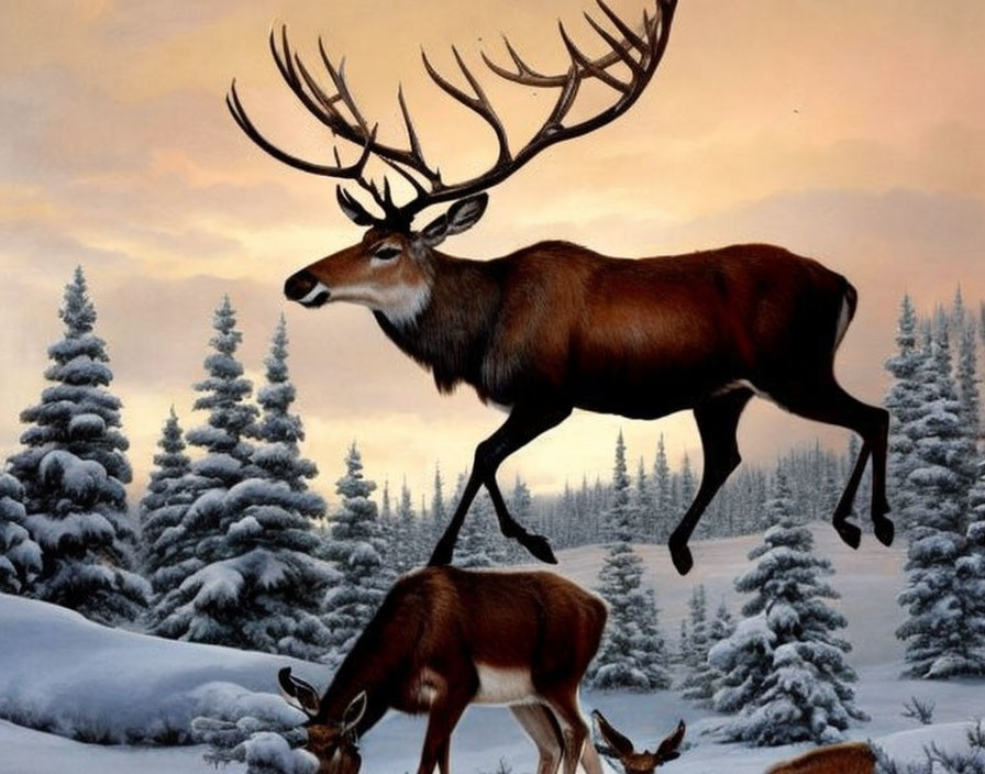 Majestic stag with large antlers in snowy landscape with deer grazing