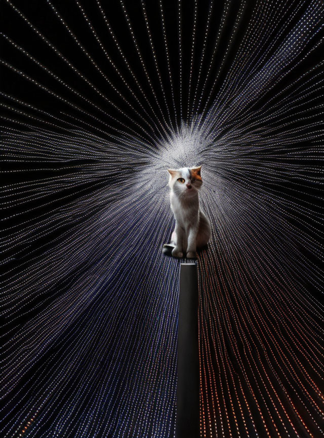 Cat sitting on narrow pillar with white dotted light rays background