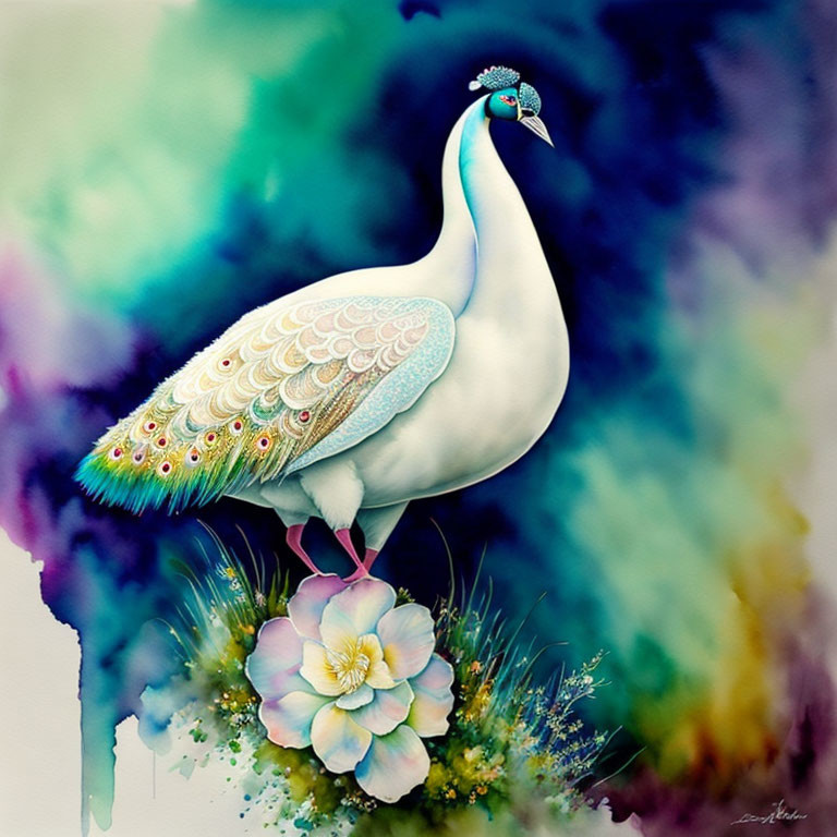 Colorful Stylized White Peacock Illustration with Elaborate Tail Feathers