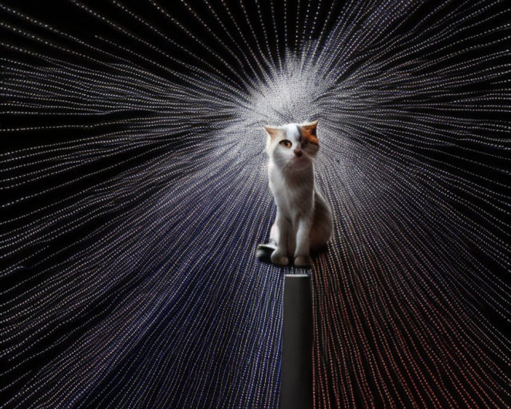 Cat sitting on narrow pillar with white dotted light rays background