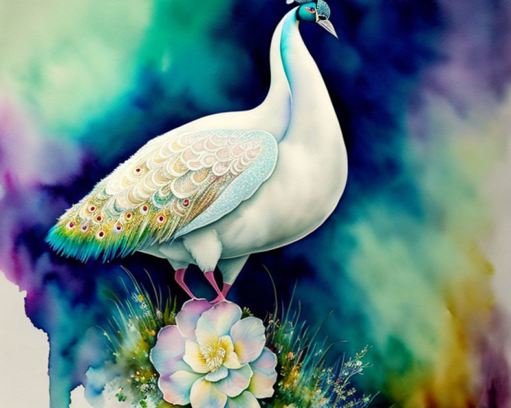 Colorful Stylized White Peacock Illustration with Elaborate Tail Feathers