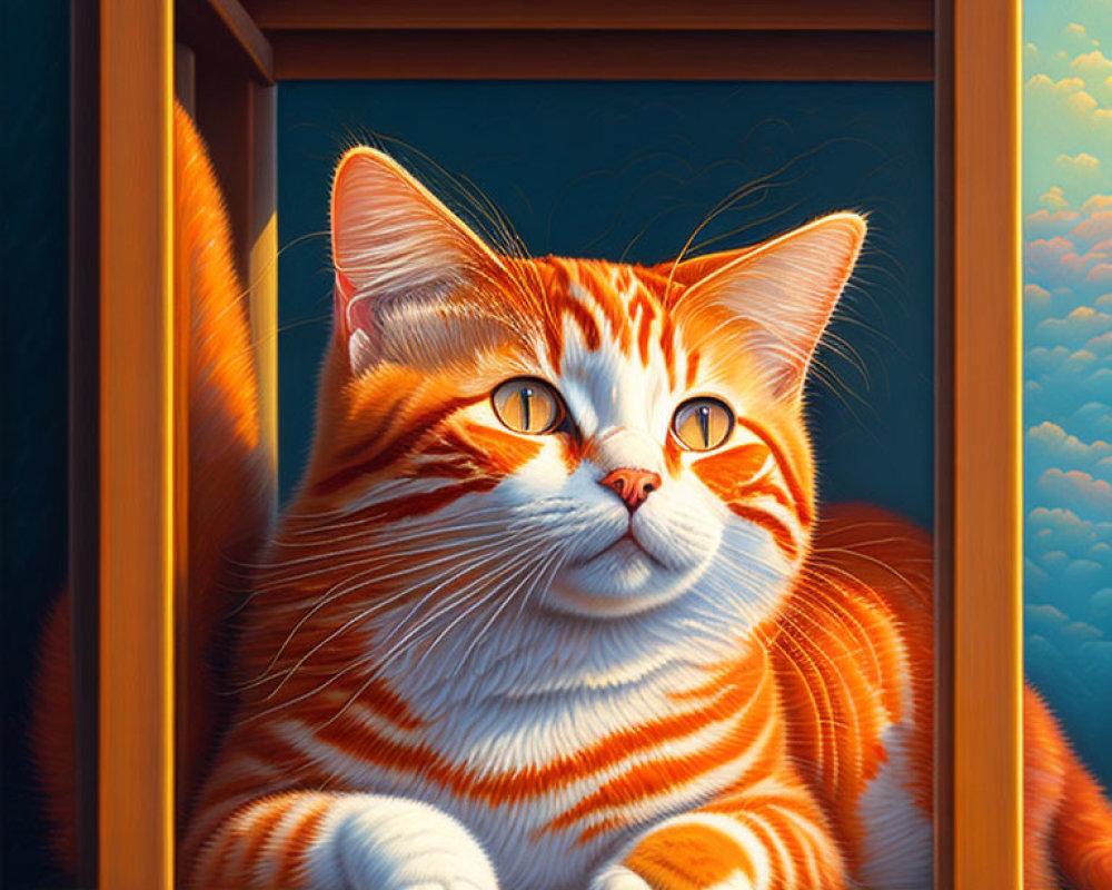 Orange and White Tabby Cat with Yellow Eyes on Wooden Shelf with Blue Sky Background