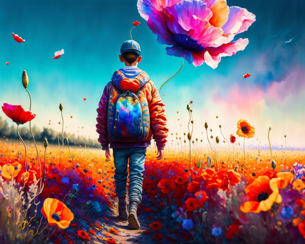 Child in vibrant poppy field with giant flower under colorful sky