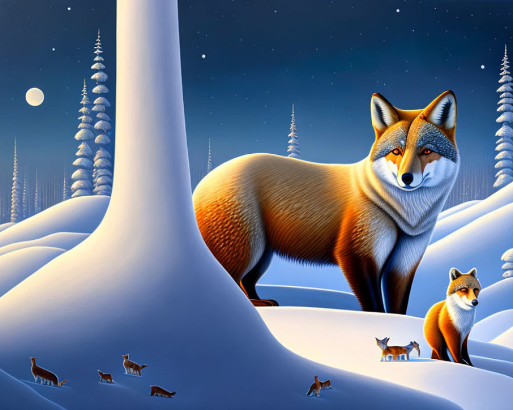 Illustration of two foxes in snowy landscape with full moon