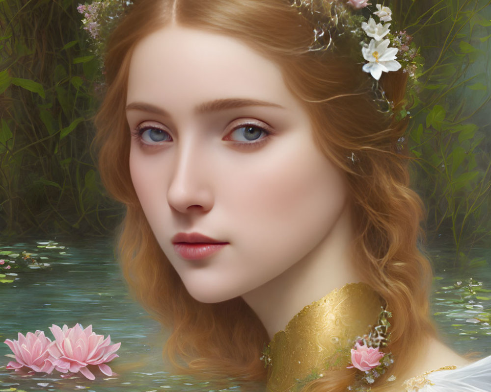 Digital painting of woman with floral wreath and water lilies, serene ambiance