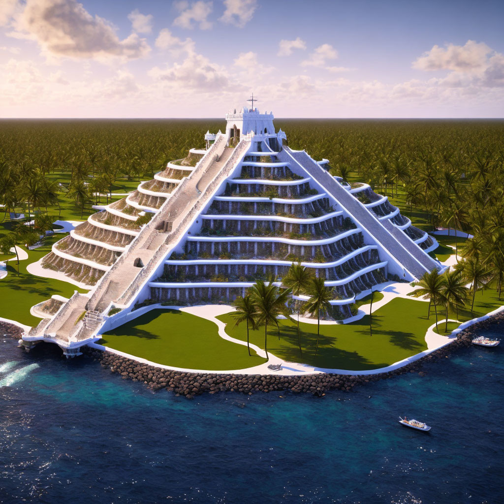 Luxury Pyramid-Shaped Resort on Tropical Coastline with Ocean Views