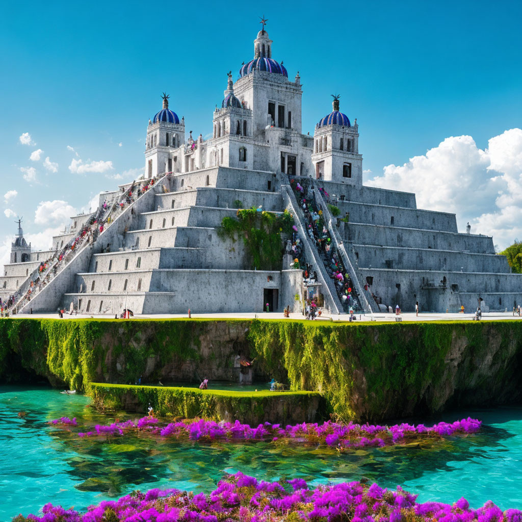 Grand tiered structure with twin domes in turquoise waters and pink flowers
