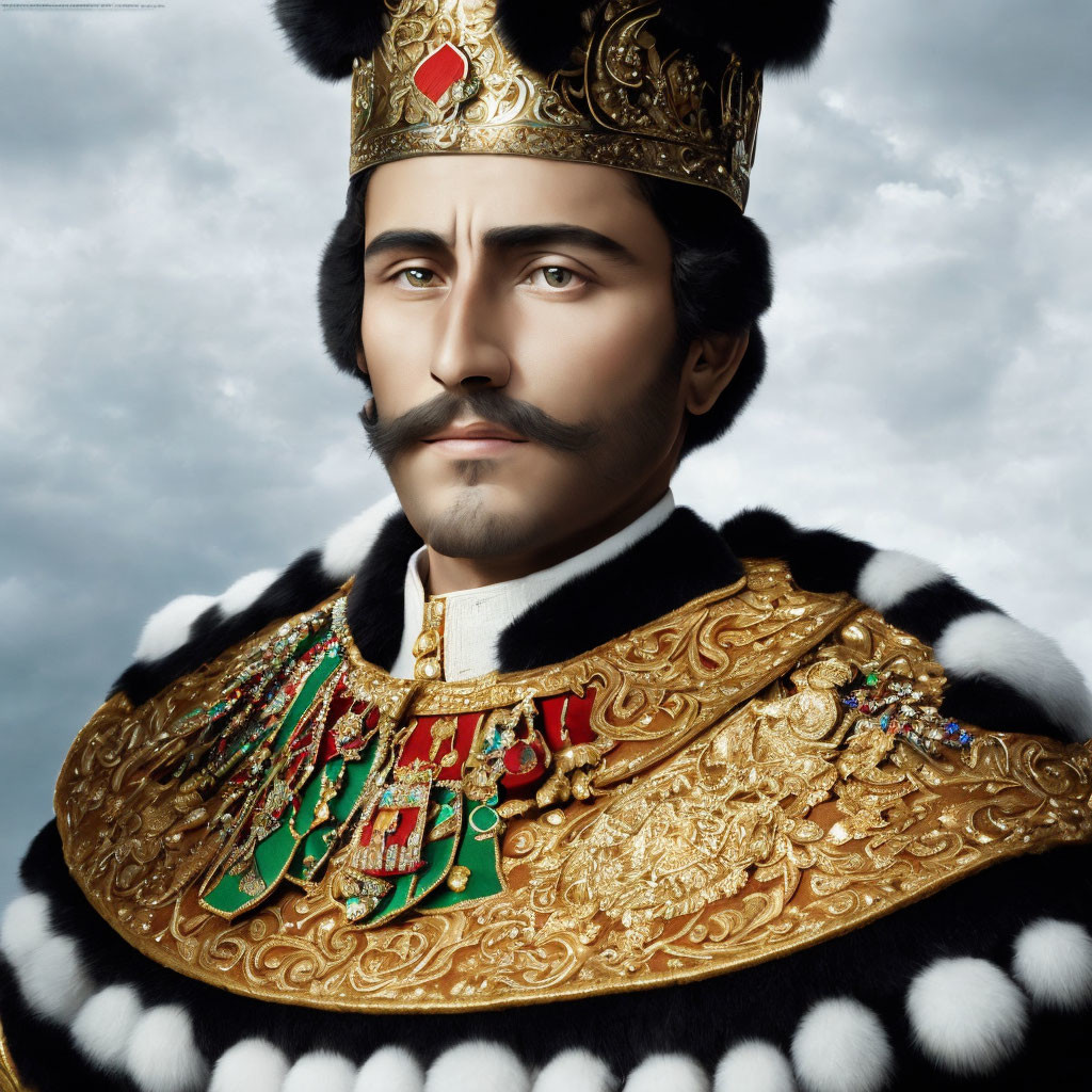 Regal portrait of a man in royal attire with crown, robe, and medals