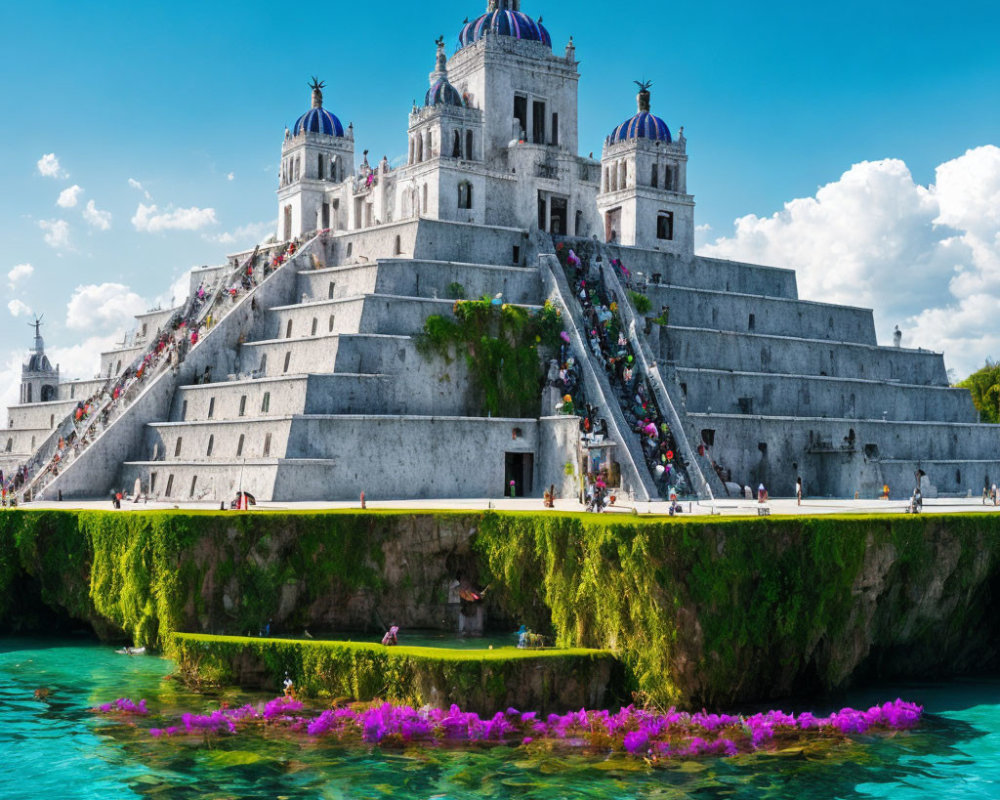 Grand tiered structure with twin domes in turquoise waters and pink flowers