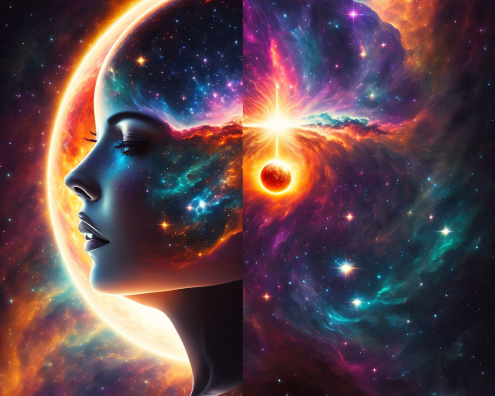 Vibrant galaxy blends with woman's profile in cosmic artwork