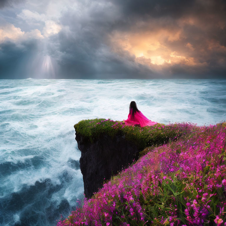 Person in pink cloak on flower cliff by stormy sea with sunbeams