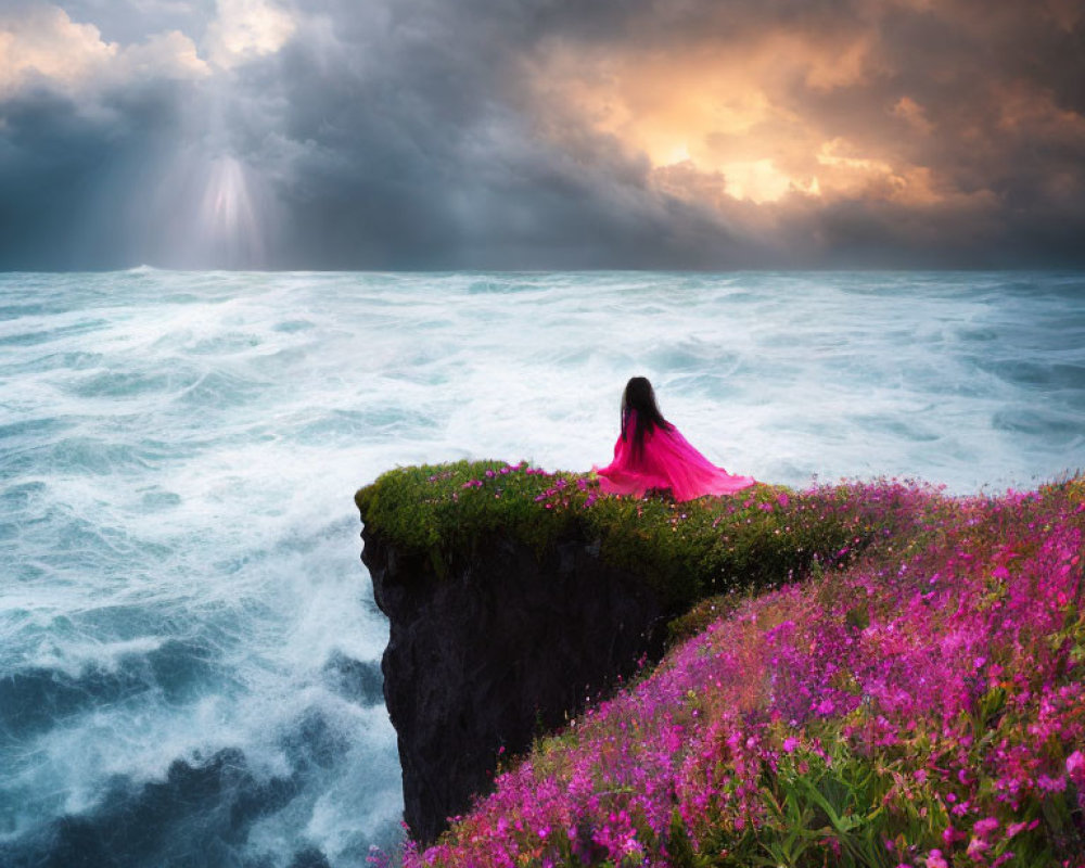 Person in pink cloak on flower cliff by stormy sea with sunbeams