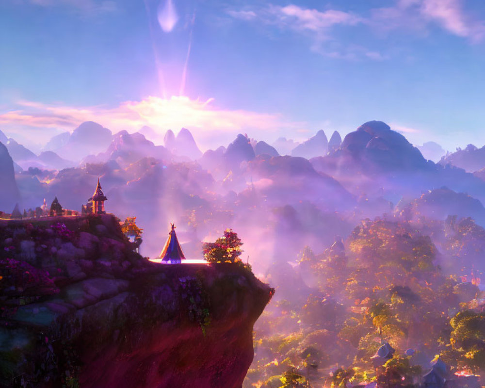 Fantasy landscape: Sunrise over misty mountains with temples on cliff