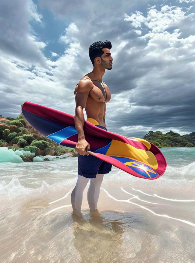 Shirtless Man with Colorful Surfboard on Beach Under Cloudy Sky