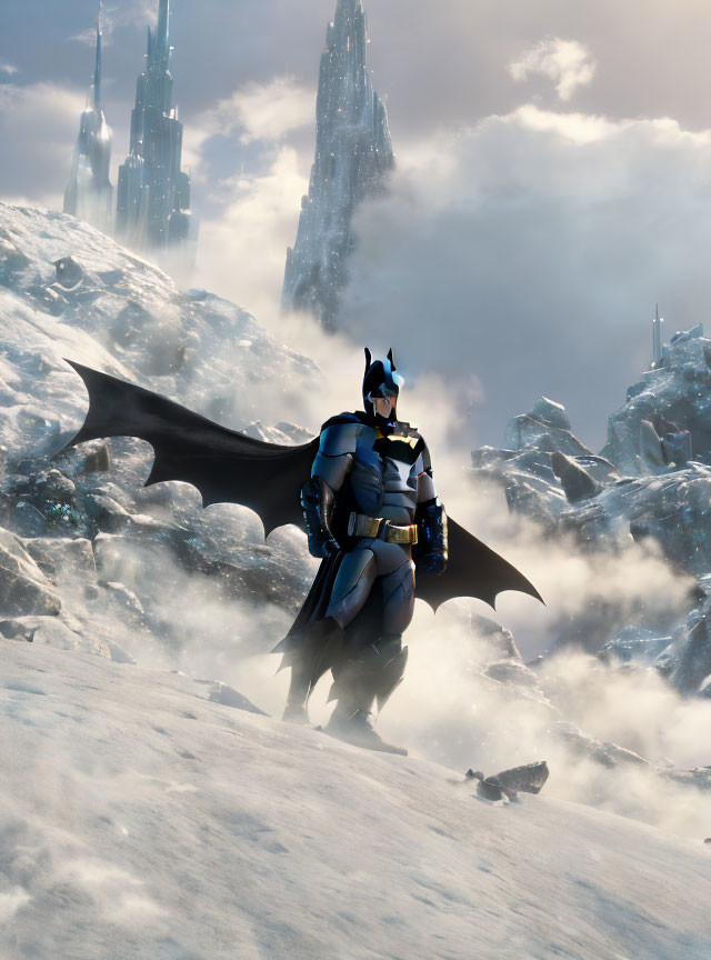 Person in Batman costume on snowy landscape with icy spires and bright sky.