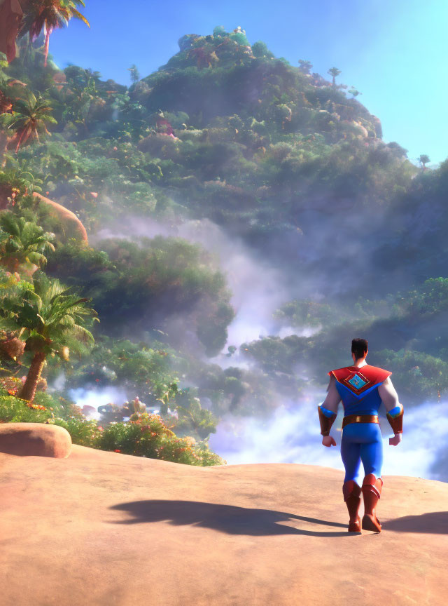 Superhero character in costume gazes at foggy jungle and mountain