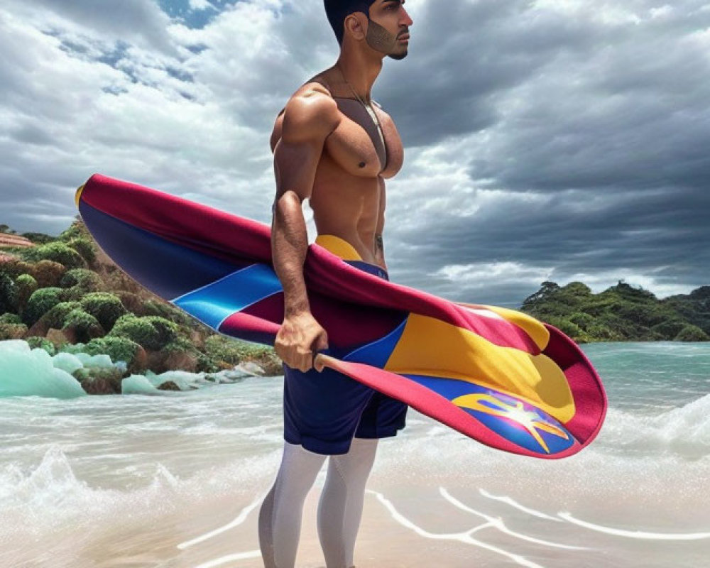 Shirtless Man with Colorful Surfboard on Beach Under Cloudy Sky