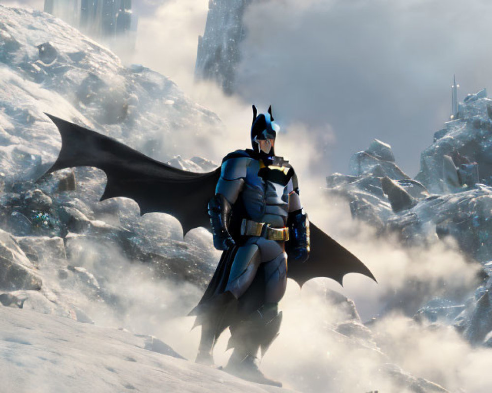 Person in Batman costume on snowy landscape with icy spires and bright sky.