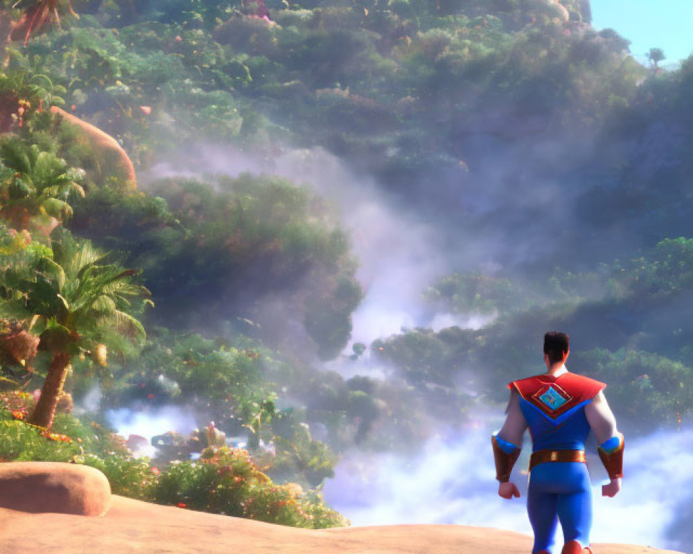 Superhero character in costume gazes at foggy jungle and mountain