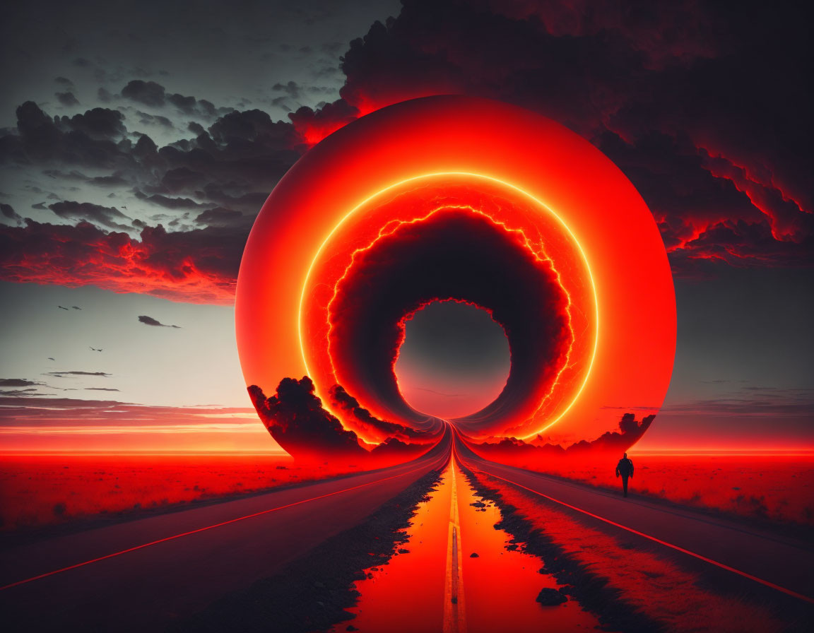 Surreal sunset scene with glowing red ring structure and silhouettes