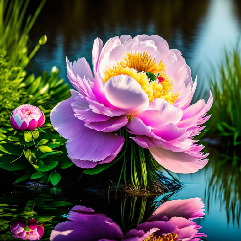 Pink Lotus Flower in Full Bloom Floating on Water