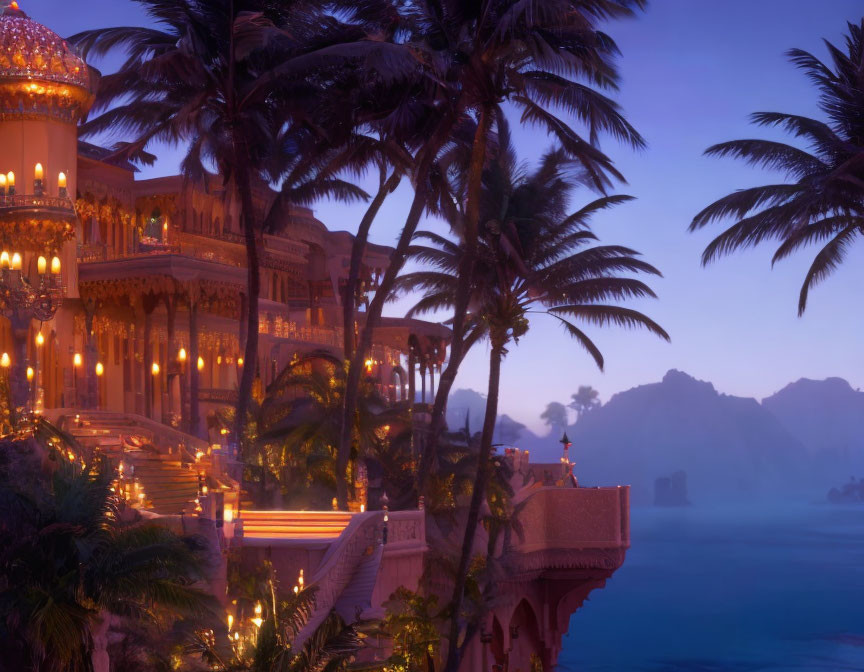 Twilight scene with palm tree silhouettes and ornate building by tranquil waters