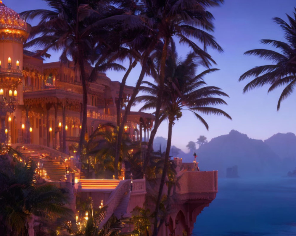 Twilight scene with palm tree silhouettes and ornate building by tranquil waters