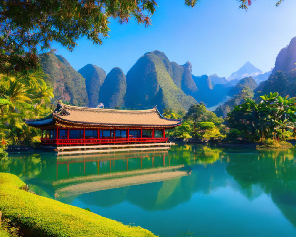 Red-roofed Pavilion by Calm Lake with Karst Mountains and Blue Sky