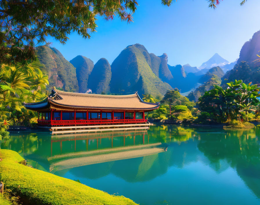 Red-roofed Pavilion by Calm Lake with Karst Mountains and Blue Sky