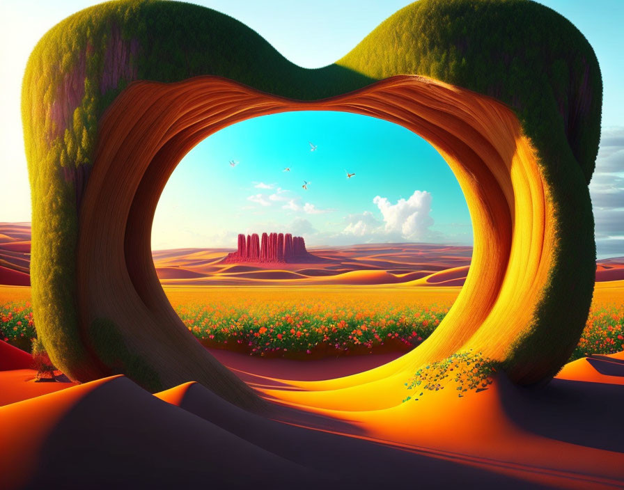 Heart-shaped tree arch in vibrant desert landscape with rock formations, flowers, and birds at sunset.