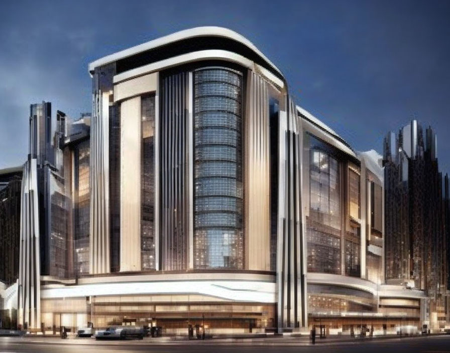 Modern building with large glass windows and curved facade against dusk sky