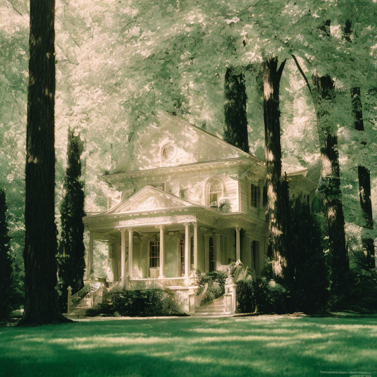 Vintage House Surrounded by Lush Green Trees on Sunny Day