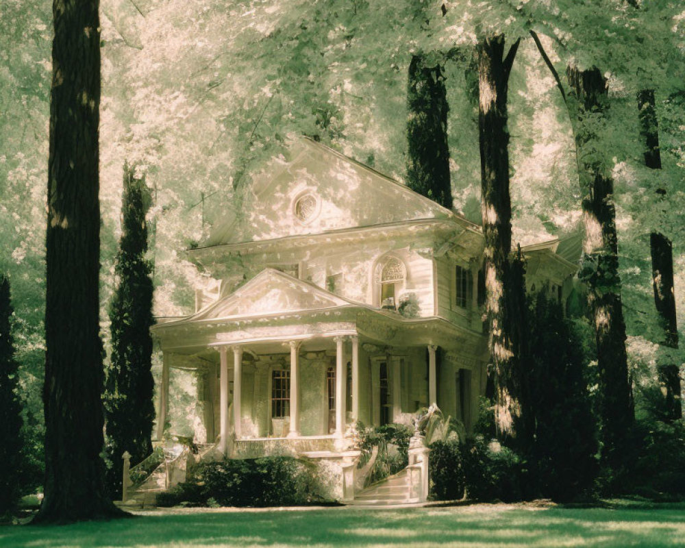 Vintage House Surrounded by Lush Green Trees on Sunny Day