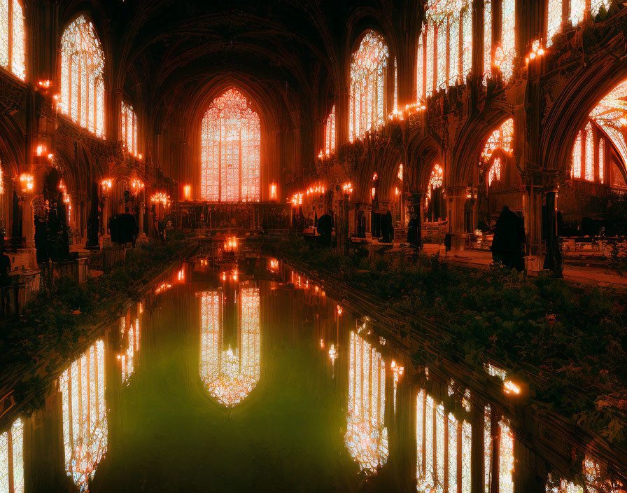 Gothic Cathedral Interior: Arches, Stained Glass, Reflective Floor