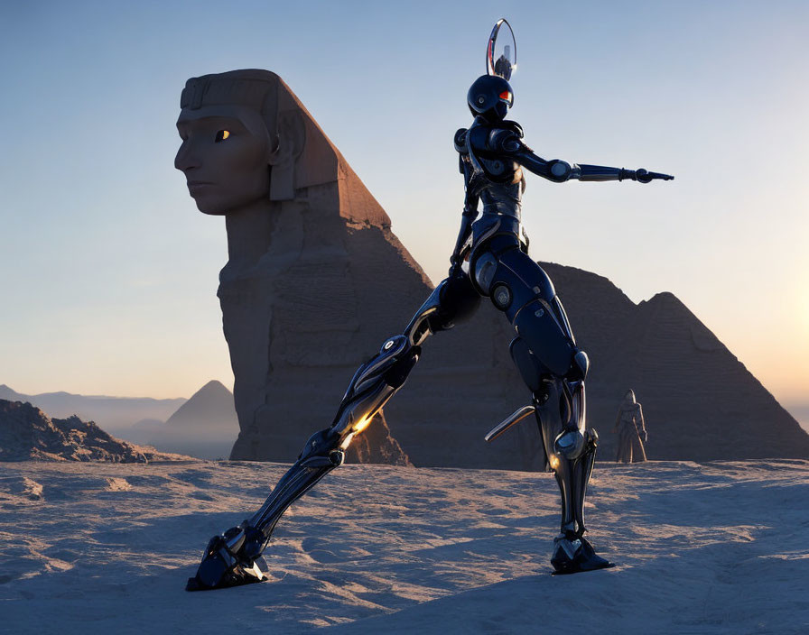 Futuristic humanoid robot posing in desert at twilight with Great Sphinx of Giza