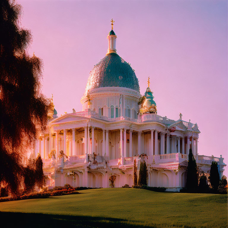 Ornate palace with lush green lawns under pink sky