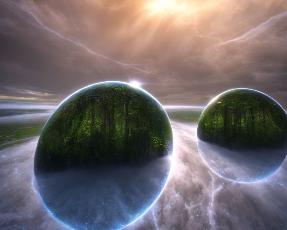 Spherical crystal balls with lush forest scenes on misty surface