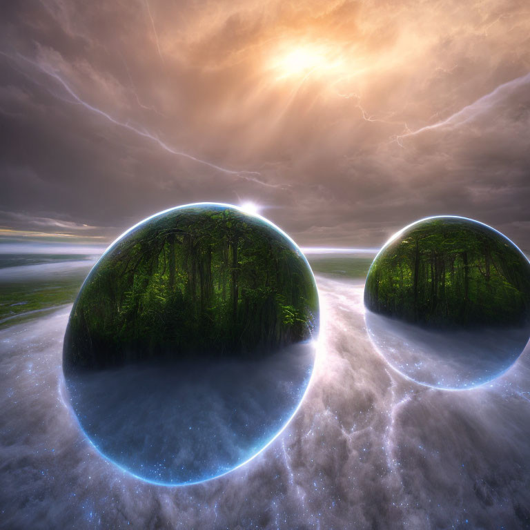 Spherical crystal balls with lush forest scenes on misty surface