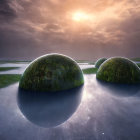 Spherical crystal balls with lush forest scenes on misty surface