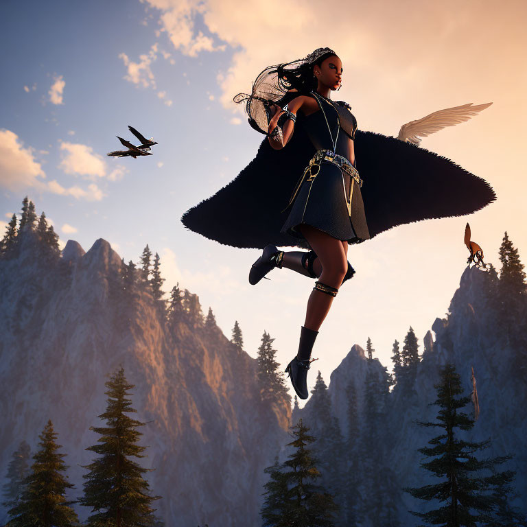 Fantasy winged female character flying over forest and mountains