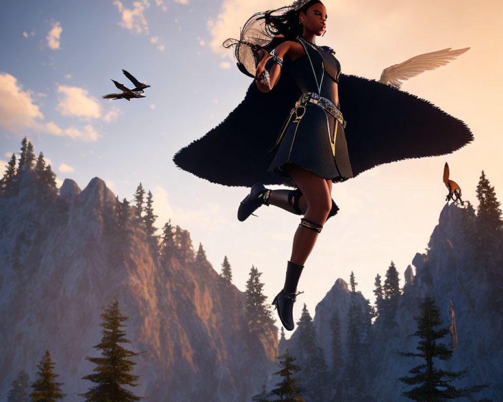 Fantasy winged female character flying over forest and mountains