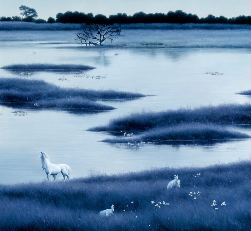 Blue Twilight Landscape with White Horse, Rabbits, and Solitary Tree