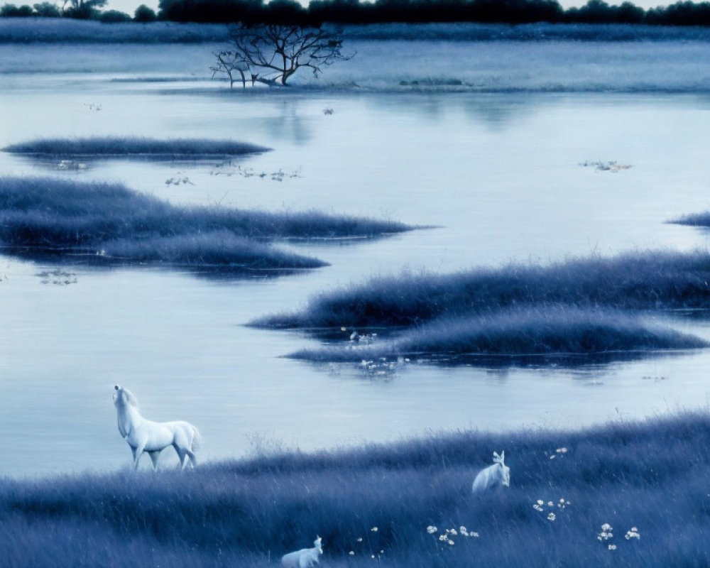 Blue Twilight Landscape with White Horse, Rabbits, and Solitary Tree