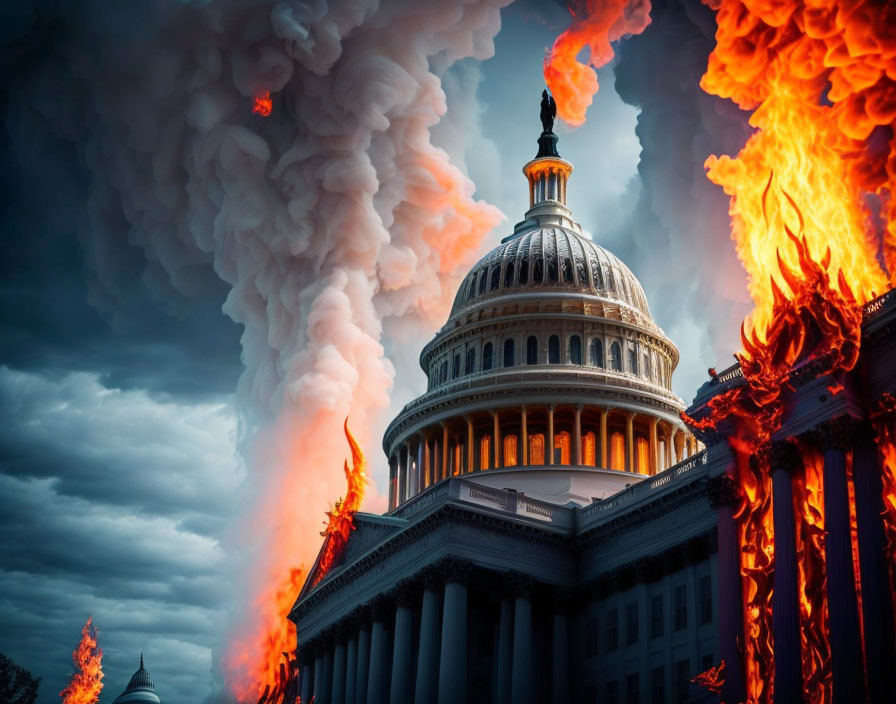 Capitol Building engulfed in flames and smoke under dark sky