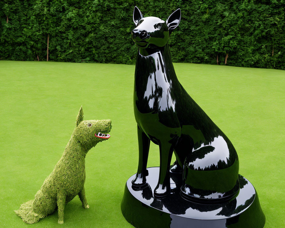 Green Topiary Dog Faces Black Abstract Sculpture on Grass Hedge