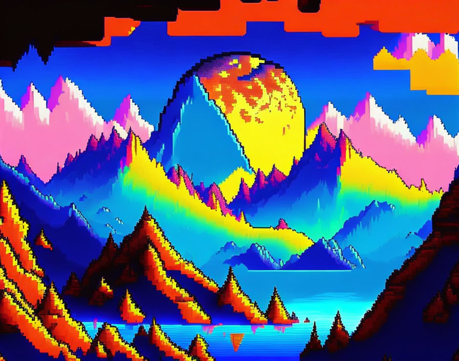 Colorful Pixel Art Landscape with Mountains, Trees, and Stylized Moon in Neon Sky