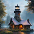 Tall lighthouse in misty forest with glowing cottages