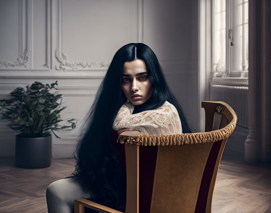 Pensive woman with long black hair in ornate chair in classic room