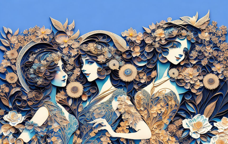 Stylized artwork of three female figures with floral motifs in blues and earth tones