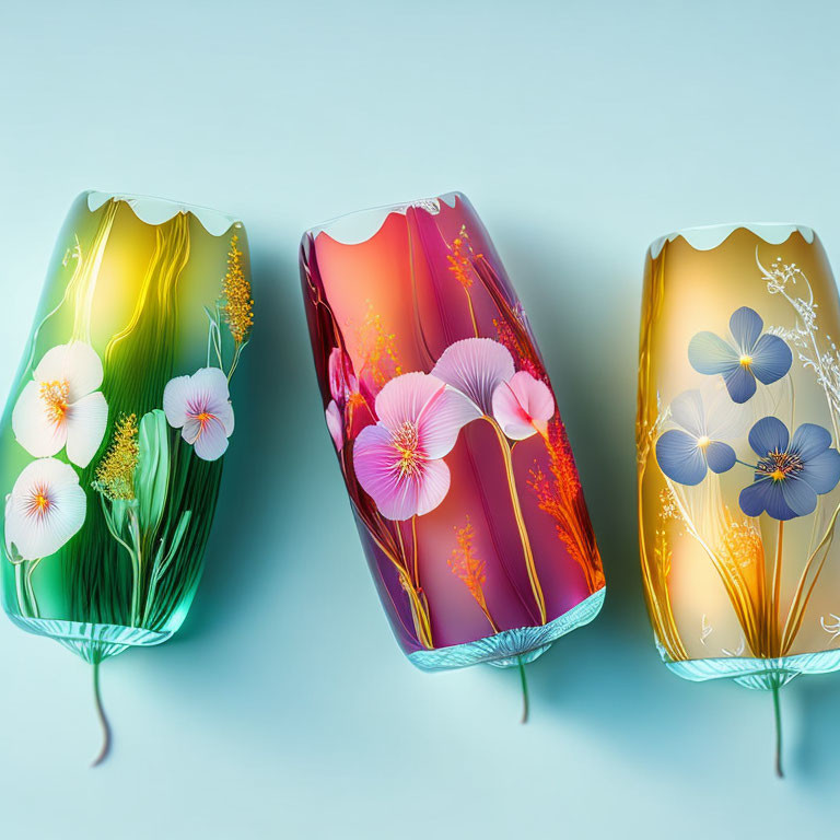 Colorful Glass Vases with Floral Designs on Soft Blue Background